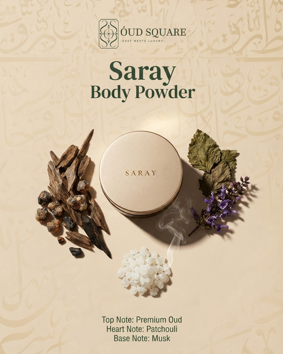 Saray Body Powder — premium oud patchouli musk luxury silky scented body powder for women