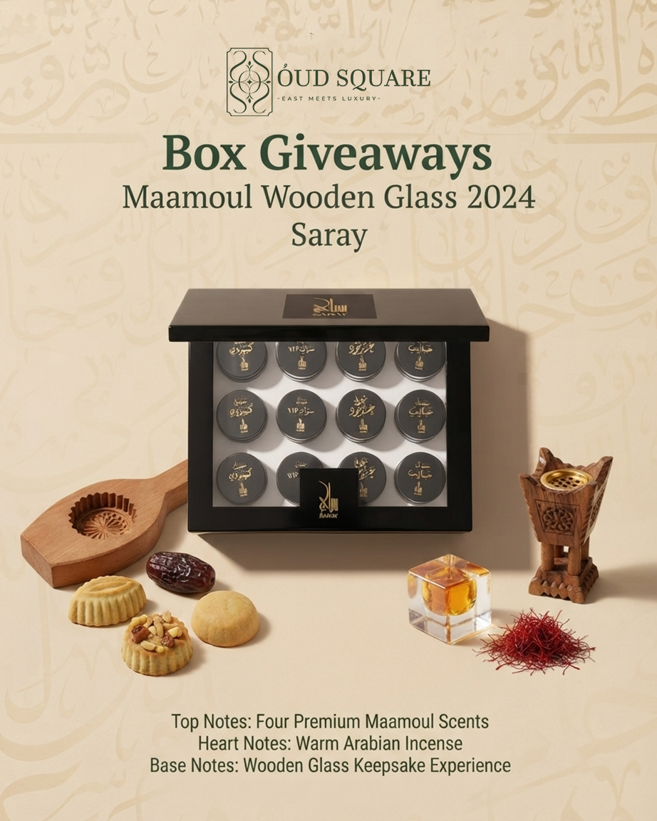 Saray Box Giveaways set with 25 5ml mini perfumes and half-tola Maamoul featuring rose, oud, amber, and musk from Oud Square