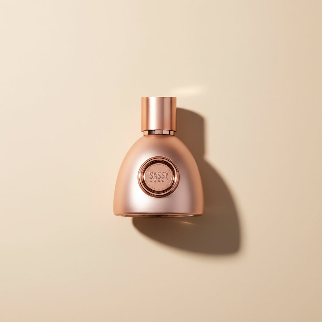 Rose gold bottle of Sassy Dare perfume on a white background
