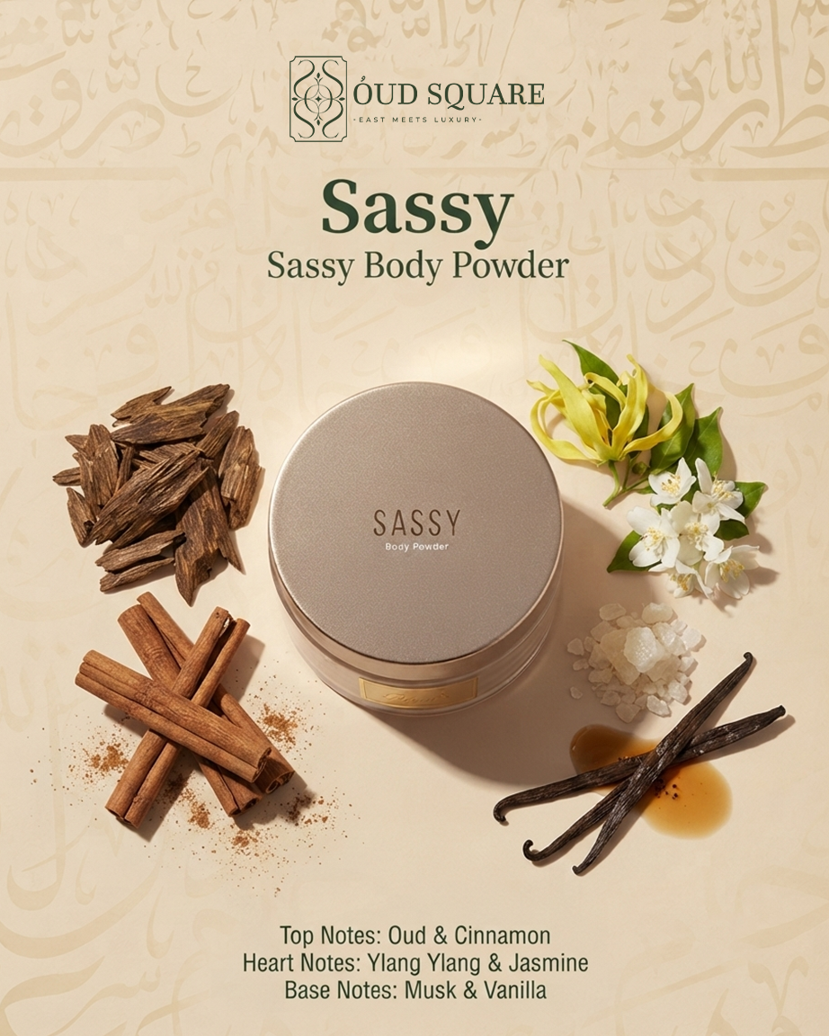 Sassy Body Powder by Saray — oud cinnamon ylang-ylang jasmine musk vanilla bold exotic luxury scented powder
