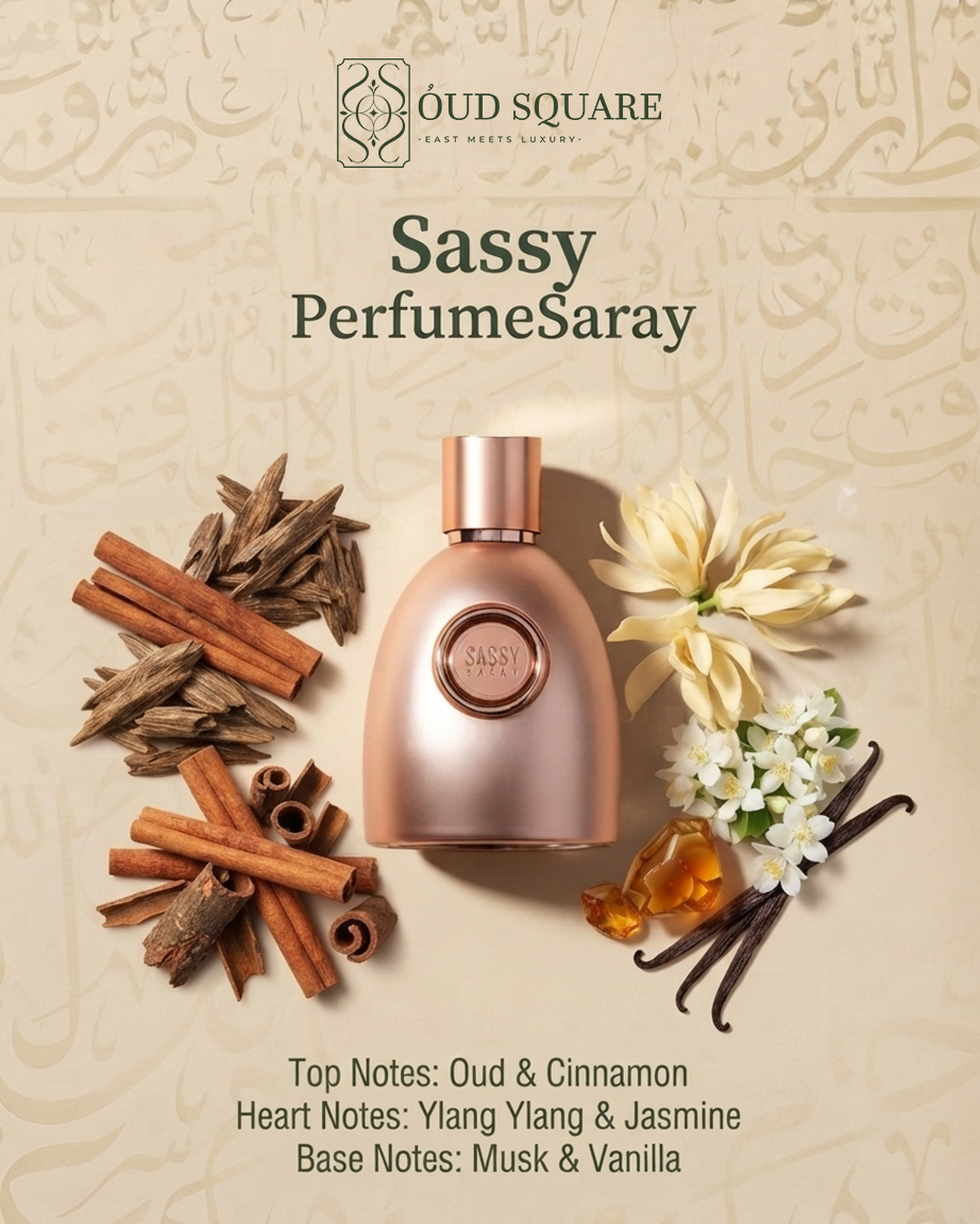 Sassy EDP by Saray — oud cinnamon ylang-ylang jasmine musk vanilla bold feminine women's perfume bottle