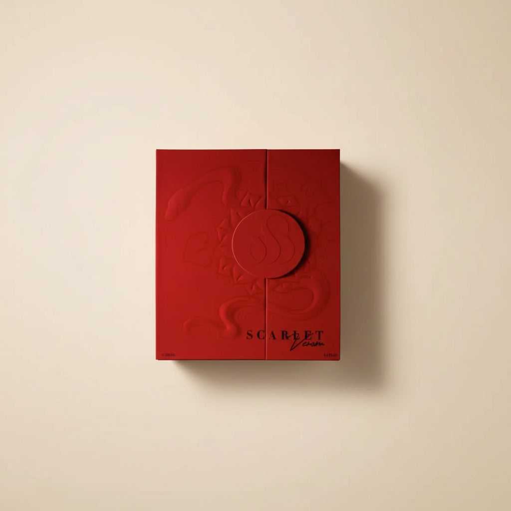 Red packaging with embossed design and 'Scarlet' branding on a white background