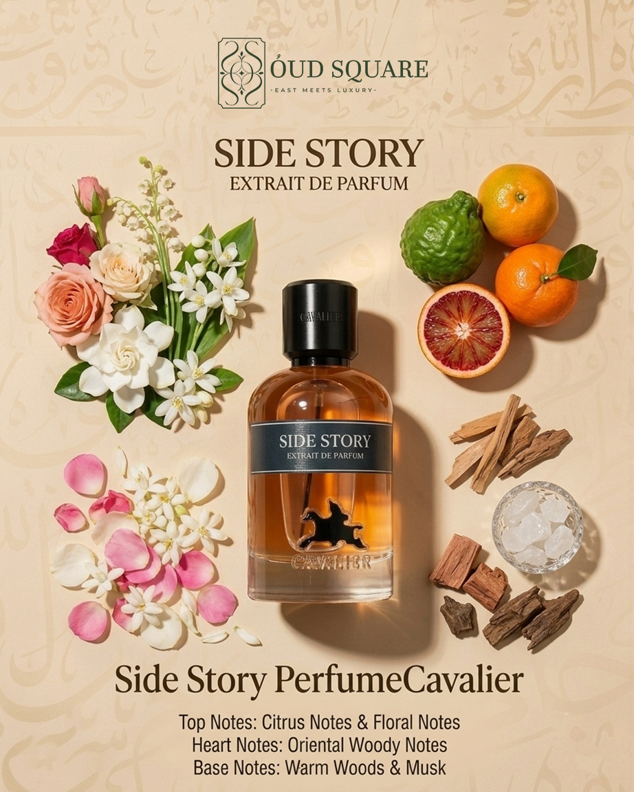 Side Story Extrait de Parfum 100ml by Cavalier — woody Oriental masculine perfume with citrus and warm woods
