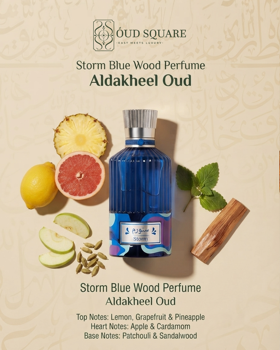 Storm Blu Wood EDP by Aldakheel Oud — lemon grapefruit pineapple apple cardamom patchouli sandalwood unisex
