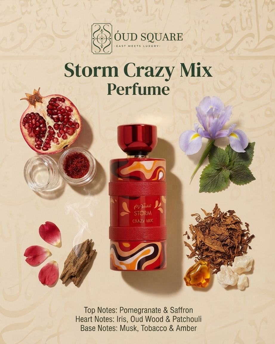 Storm Crazy Mix EDP by Aldakheel Oud — pomegranate saffron iris oud tobacco amber bold unisex perfume