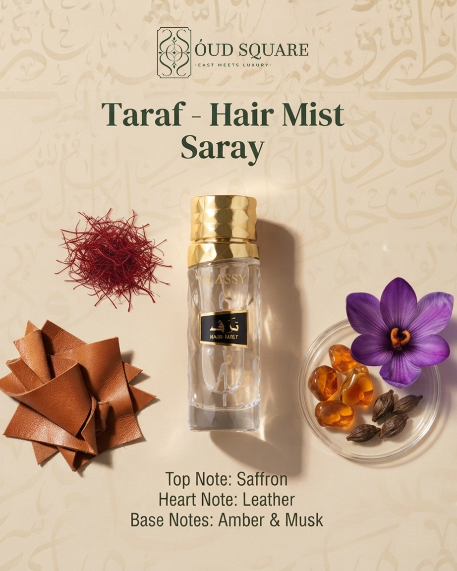 Taraf Hair Mist 100ml by Saray — saffron leather amber musk bold golden Oriental hair fragrance bottle