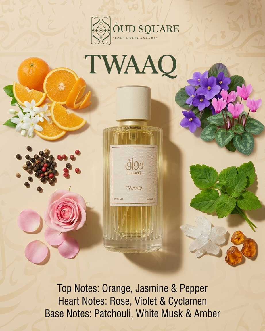 Twaaq EDP 100ml — floral musky masculine signature perfume with orange rose and amber from Oud Square

