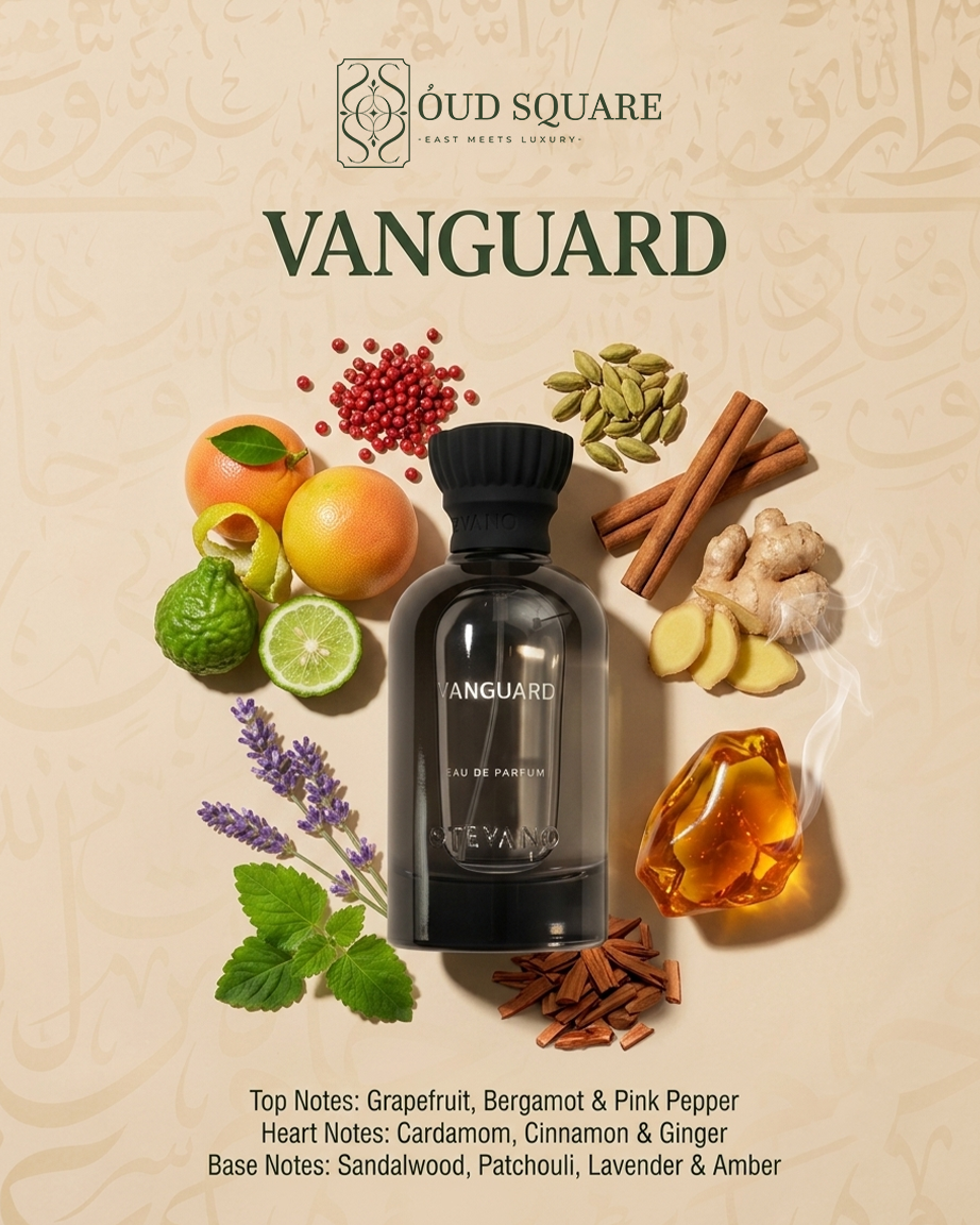 Vanguard luxury bold masculine perfume bottle on dark elegant background — spicy EDP at Oud Square
