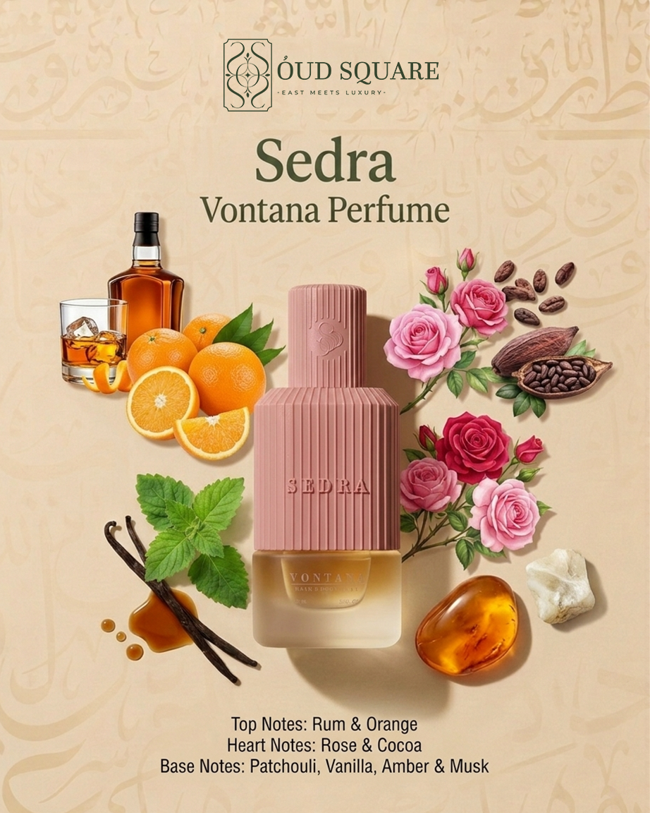 Vontana unisex eau de parfum with rum orange rose and cocoa — Sedra warm indulgent fragrance
