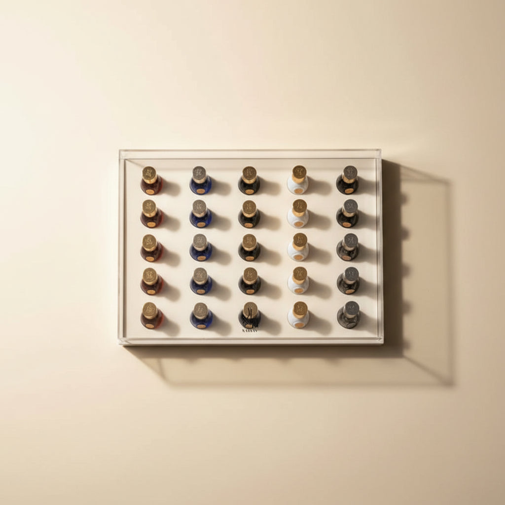 Set of small bottles with gold caps arranged in a grid on a white background