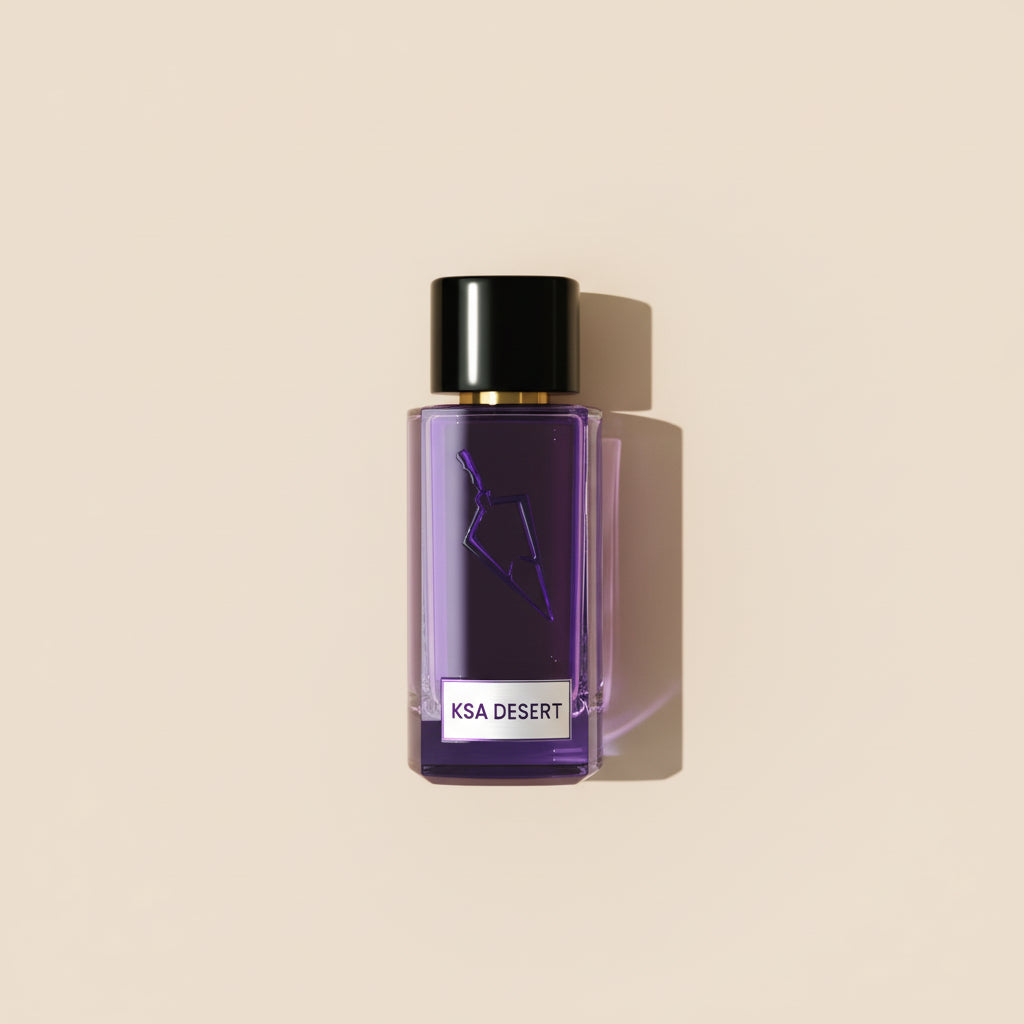 Purple perfume bottle with black cap on a white background