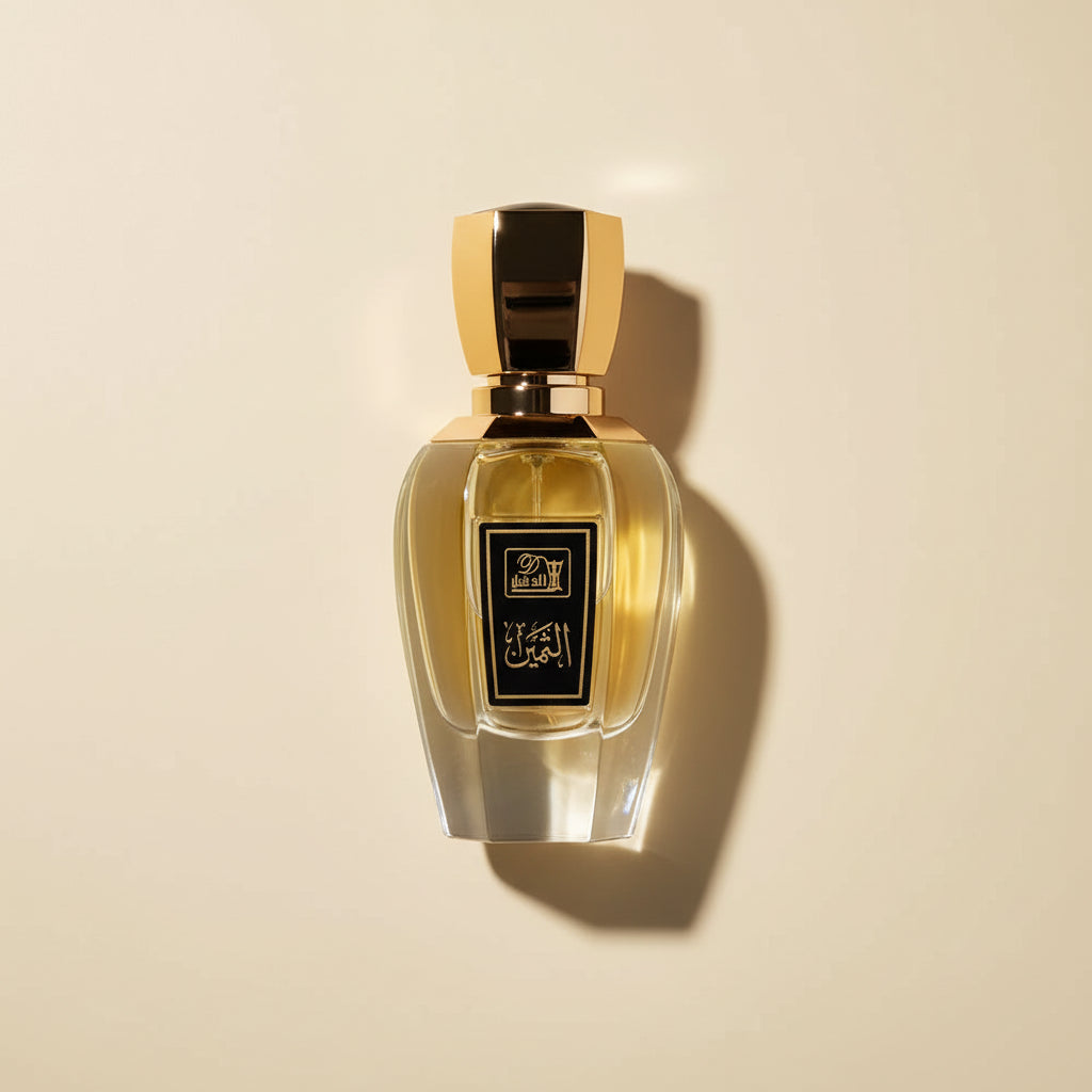Perfume bottle with gold cap and clear body on a white background