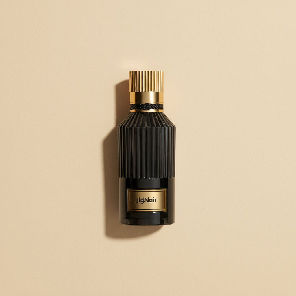 Black and gold perfume bottle with 'Jalal' branding on a white background