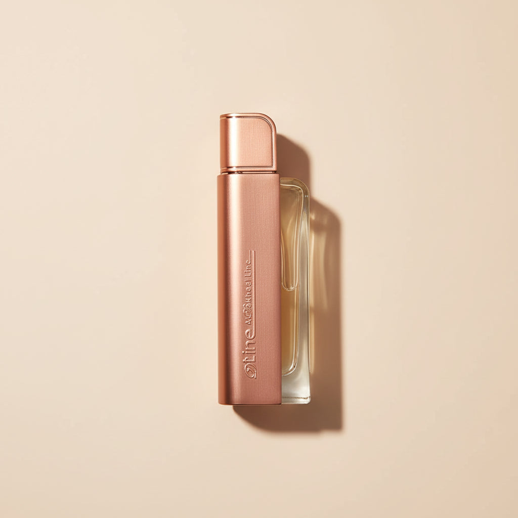 Rose gold cosmetic bottle with brand logo on a white background