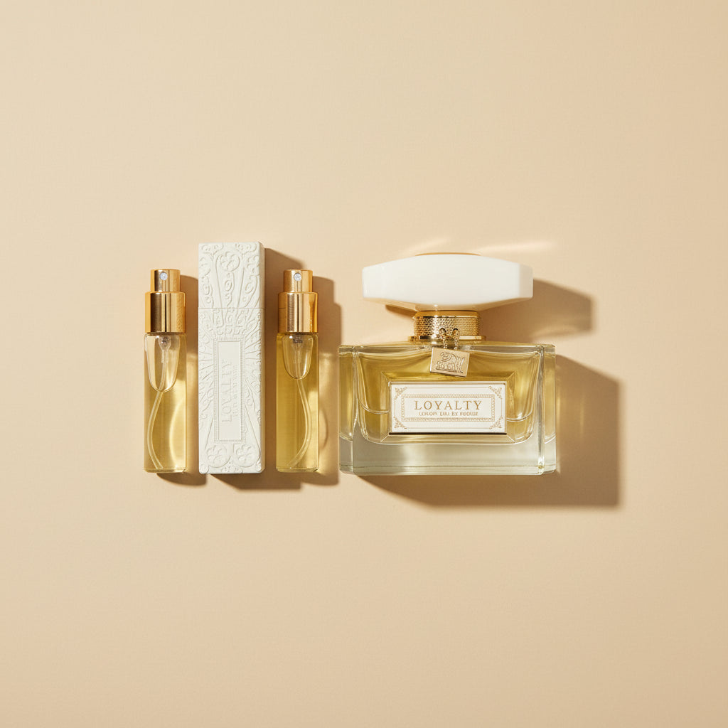 Perfume set with a large bottle, two smaller bottles, and a box on a white background