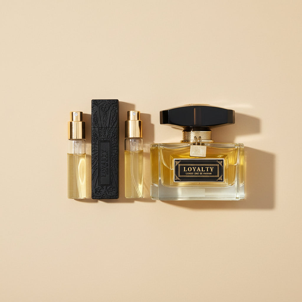 Collection of perfume bottles with 'Loyalty' on a white background