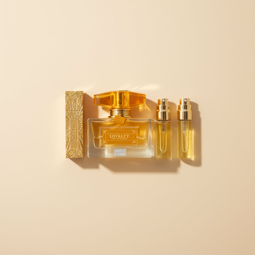 Gold and clear perfume set with 'Loyalty' on a white background