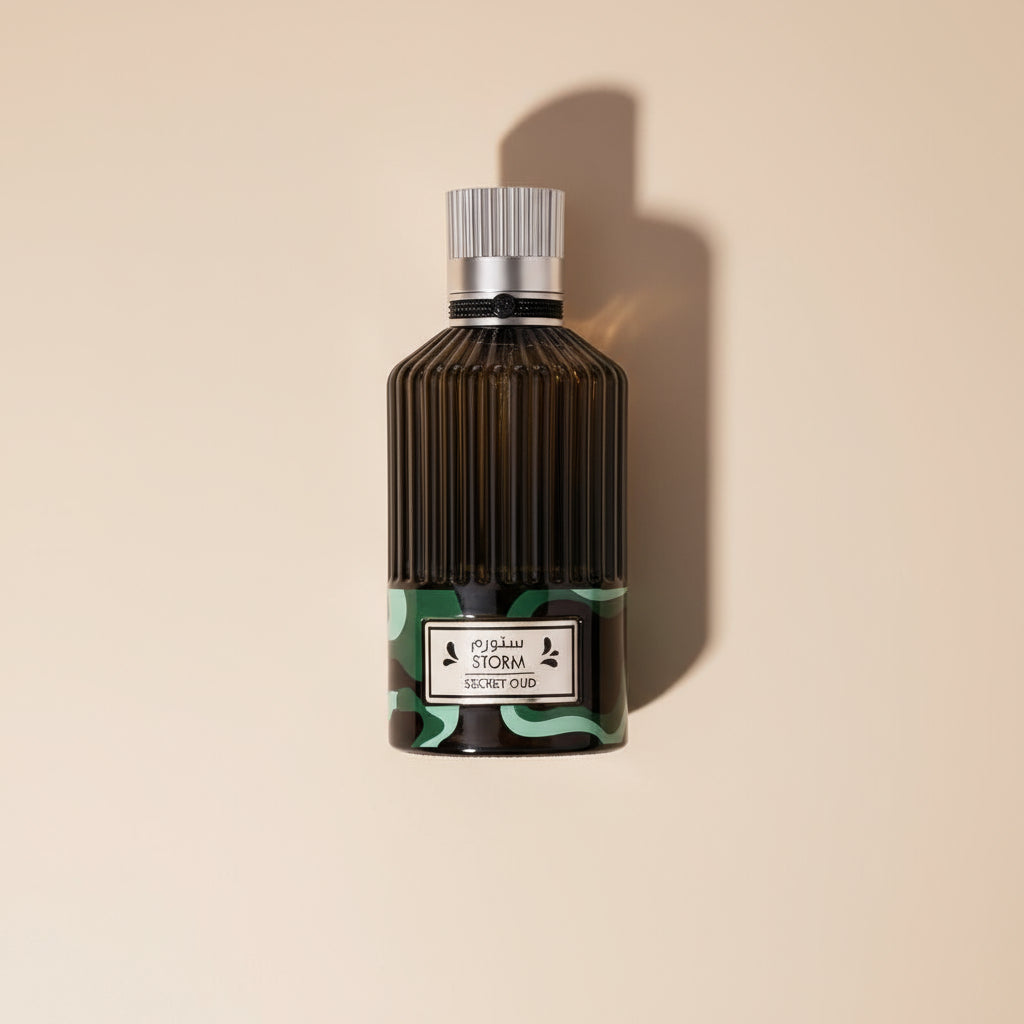 Perfume bottle labeled 'Secret Oud' by 'Storm' on a white background
