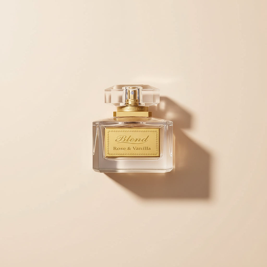 Perfume bottle labeled 'Blend Rose & Vanilla' with gold accents on a white background